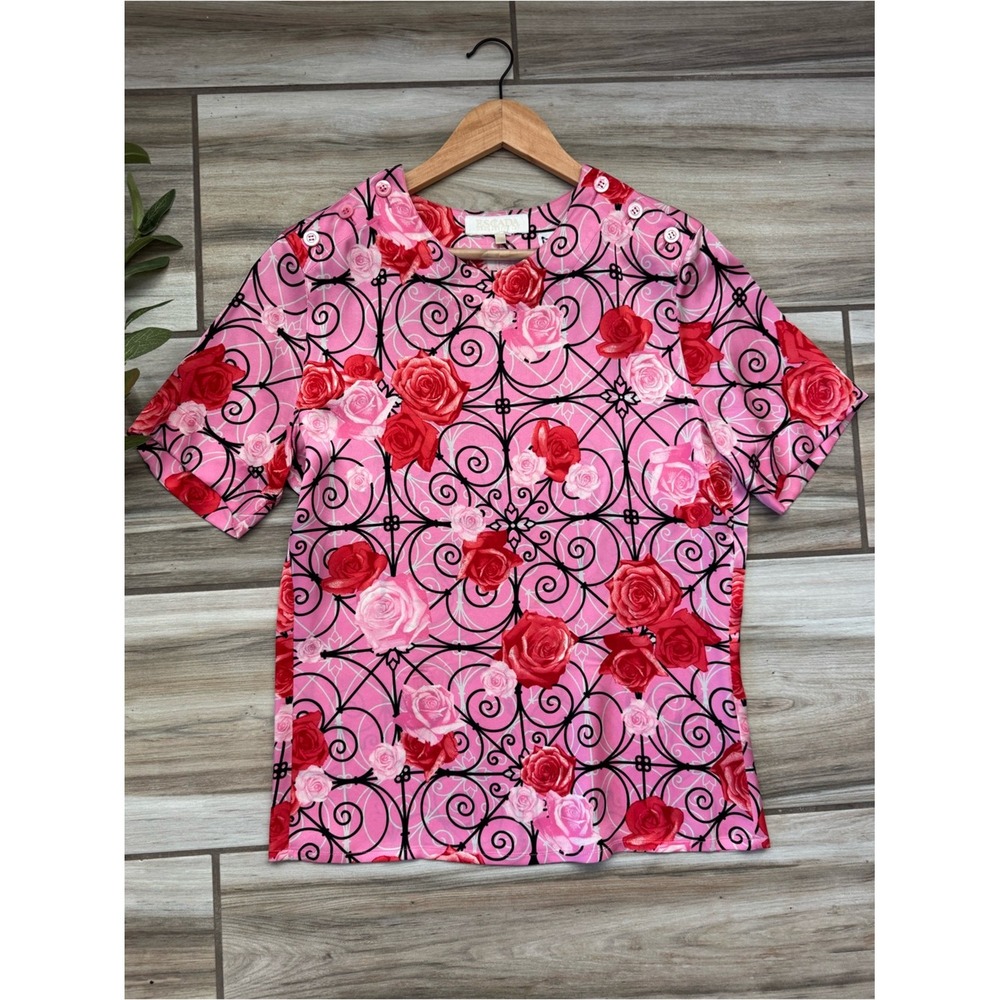 Vintage Escada Margaretha Ley Silk Rose Print Blouse Size 34 90s Art to Wear